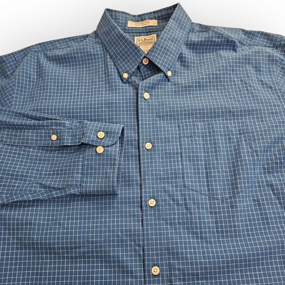 LL Bean Wrinkle‎ Free Traditional Fit XL-Reg Blue Window Pane Check Long Sleeve